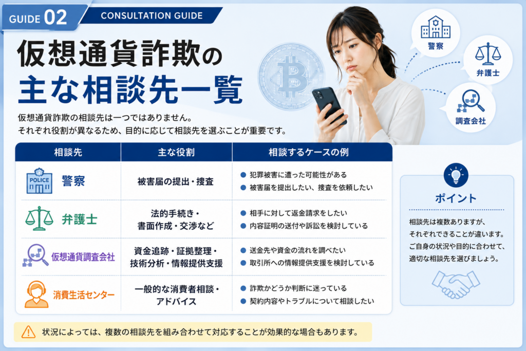 仮想通貨詐欺の主な相談先一覧