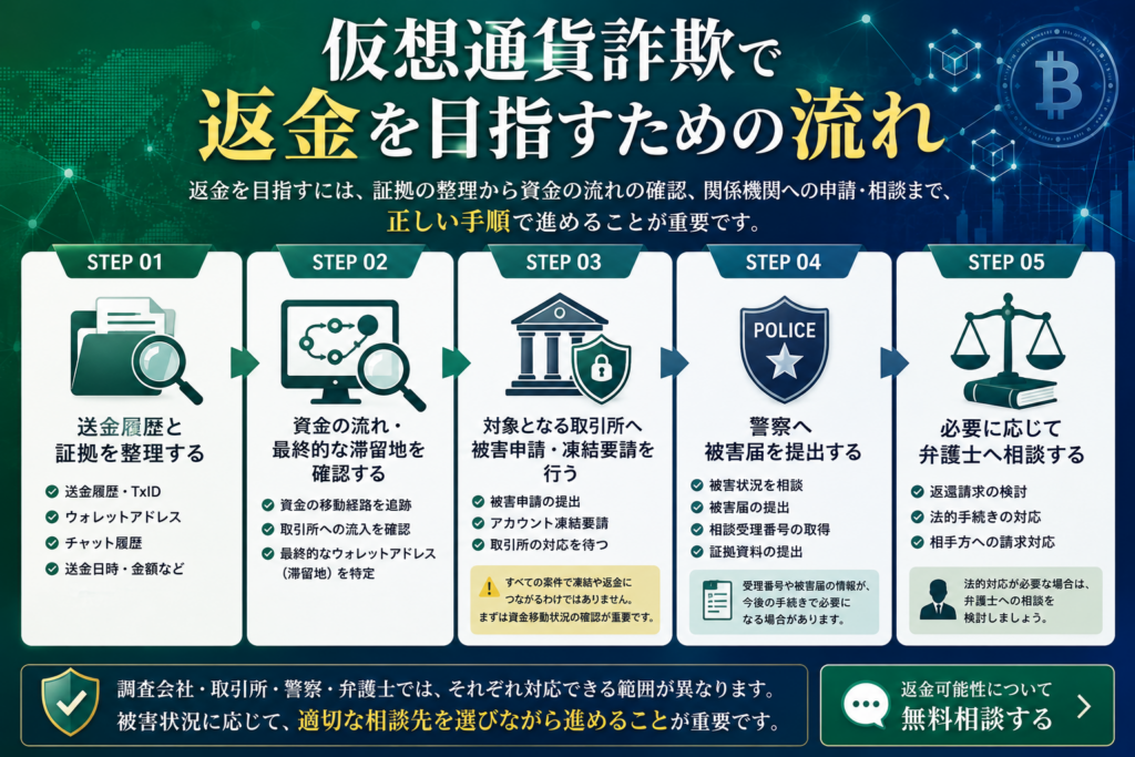 仮想通貨詐欺で返金を目指すための流れ